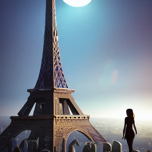 Prompt: A young beautiful giantess the size of Eifel tower standing next to a small man, beautiful lighting,digital art , highly detailed , high contrast, beautiful lighting, award winning , trending on art station, 8k, photorealistic,unreal engine 5