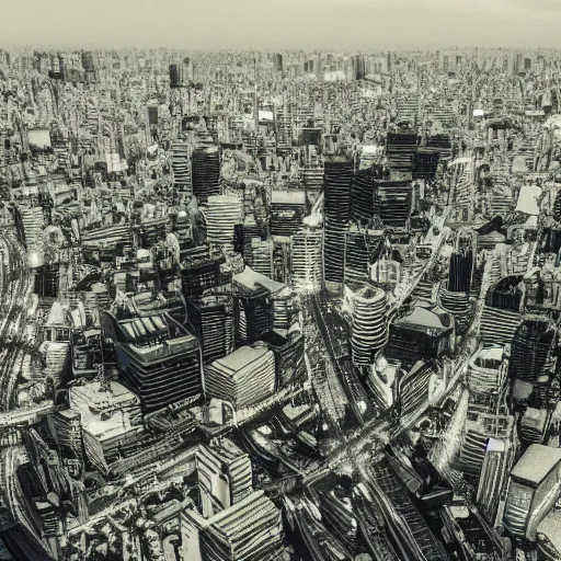 Prompt: tokyo city taken from drone by ashley wood and j. m. w. turner, speed painting, photo bash, cinematic angle, super detailing, monochrome