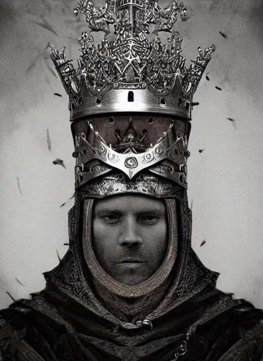 Image similar to portrait of king arthur knight with a crown with engravings, studio portrait against a black background, modern fine art, fractal, intricate, elegant, highly detailed, digital photography, subsurface scattering, in the style of ghost, by jheronimus bosch and yue minjun and giger and greg rutkowski,