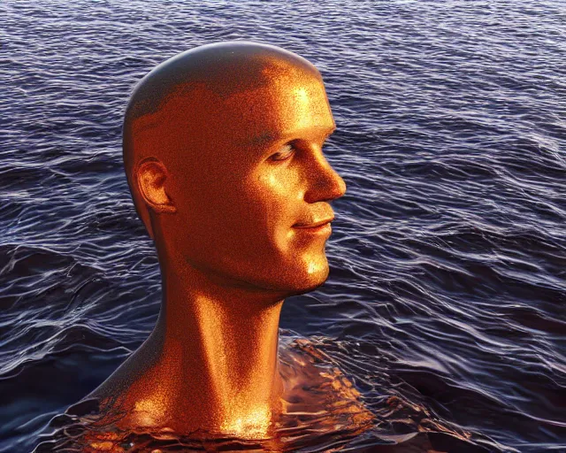 Prompt: a giant abstract sculpture of a human head on the ocean water, in the style of chad knight, award winning, cinematic, hyper - realistic, very detailed, realistic water splashes, ray tracing, 8 k resolution, long - shot, sharp focus, low angle, 8 5 mm photograph, wide lens