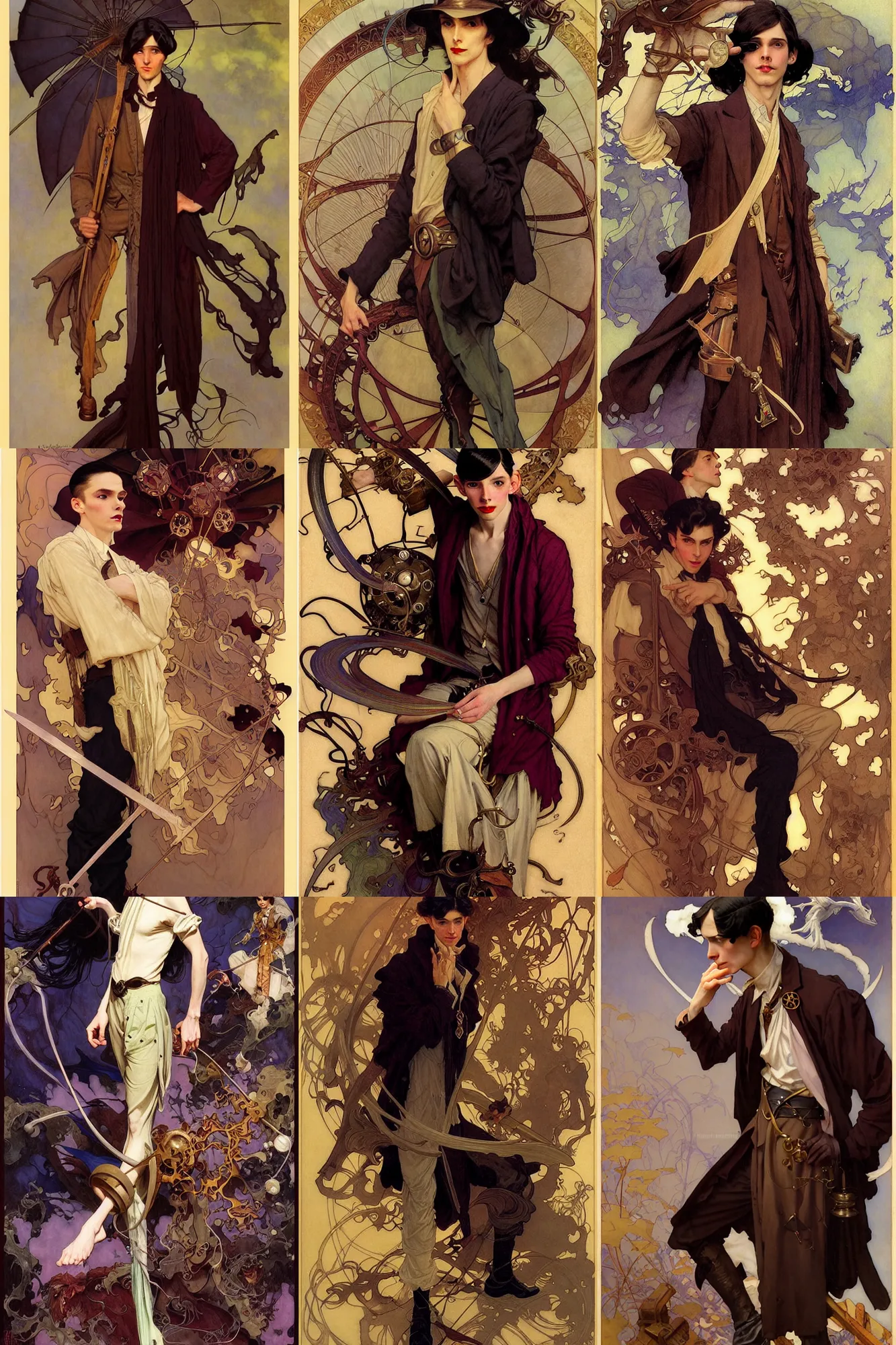 Prompt: thin young male alchemist, long dark hair, 1 9 2 0 s fashion, fantasy, art by joseph leyendecker, peter mohrbacher, ruan jia, finnian macmanus, marc simonetti, donato giancola, dean cornwell, ayami kojima, vasnetsov, cedric peyravernay, alphonse mucha