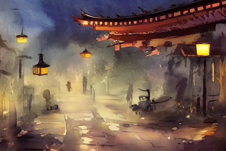 Prompt: paint brush strokes, abstract watercolor painting of japanese village at nightfall, lantern, ambient lighting, art by hans dahl, by jesper ejsing, art by anders zorn, wonderful masterpiece by greg rutkowski, cinematic light, american romanticism by greg manchess, creation by tyler edlin