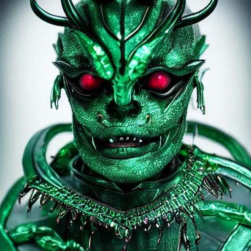 Image similar to a demon inspired by emeralds created by the make up artist hungry, photographed by andrew thomas huang, cinematic, expensive visual effects