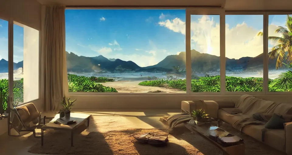 Image similar to big window, mountains in background, cloud forest in background, tropical beach in background, late afternoon sunset, dramatic lighting, holiday vibes, living room, furniture, IKEA catalogue, futuristic, ultra realistic, ultra detailed, cinematic light, anamorphic, wooden floored balcony, by Paul Lehr