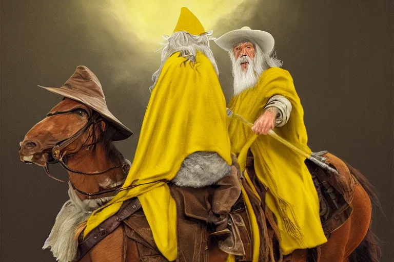 Prompt: Portrait of Gandalf with a yellow hat riding a horse, photo