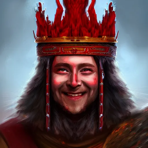 Prompt: DnD portrait of a shaman lord, wearing a red crown, red eyes, smiling viciously, holding intricately carved wooden staff, 4k, highly detailed, inspiring digital painting, trending on artstation