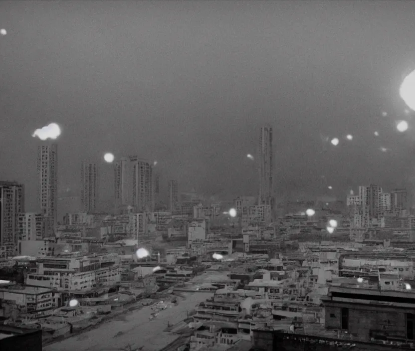 Image similar to Pulgasari the North Korean starfish monster destroying Pyongyang city, volumetric lighting, filmstill, produced by Kim Jong-il, Kodachrome, kaiju-eiga, monster movie, communist propaganda, film noir, 35mm film grain, Cooke Varotal 20-100mm T3.1, in the style of Ishirō Honda and Stanley Kubrick