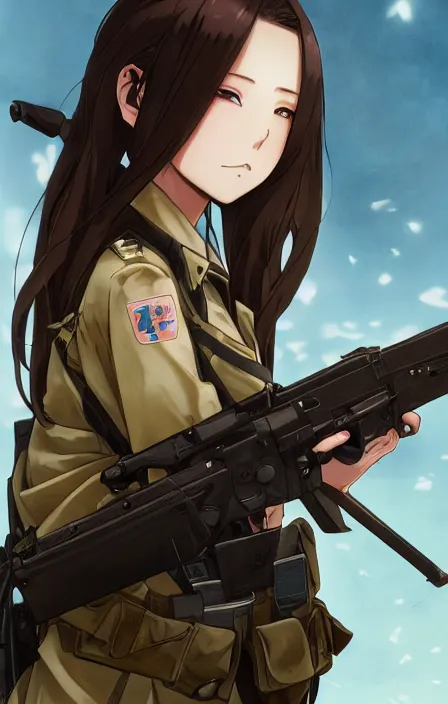 Image similar to infantry girl, anime style, long hair, hair down, symmetrical facial features, from girls frontline, hyper realistic, pale skin, 4 k, rule of thirds, extreme detail, detailed drawing, trending artstation, hd, war action, trading card, by alphonse mucha, greg rutkowski, sharp focus, backlit, gunfire