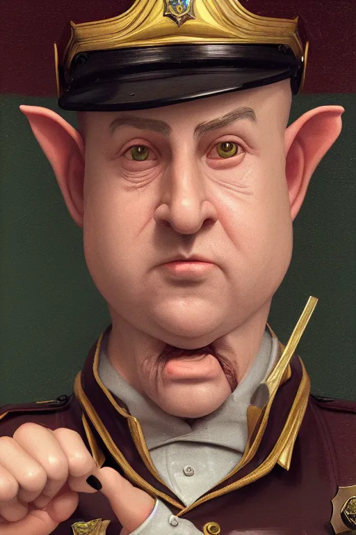 Prompt: a shifty fat high elf mall cop with a sheriff's badge, Oil Painting, hyperrealistic, octane render, Detailed Digital Art, RPG portrait, 3/4 bust, William-Adolphe Bouguereau, Michael Cheval, dynamic lighting, Highly Detailed, Cinematic Lighting, 8k, HD