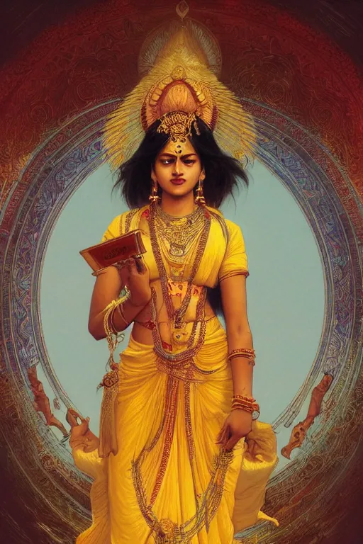 Image similar to a indian women god with eight hand gold color, concept art, art station, digital yellow red sun, smooth, sharp focus, illustration, art by Yoshitaka Amano, artgerm and greg rutkowski and alphonse mucha and william-adolphe bouguereau