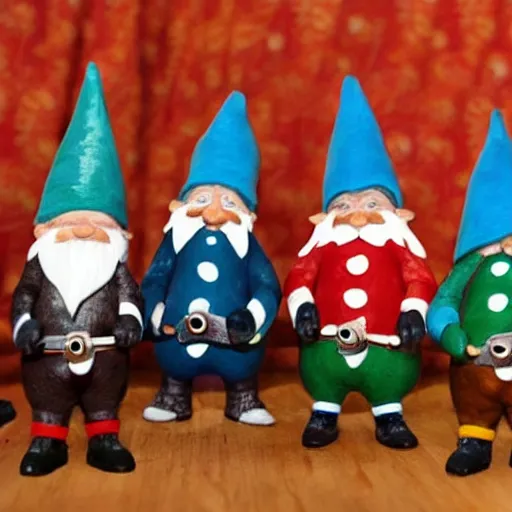 Image similar to gnomes playing in a band, musical instruments,