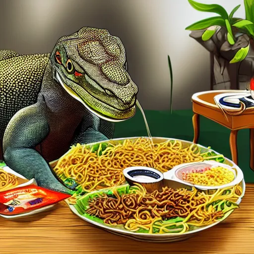 Prompt: a group of komodo dragons having a feast consisting of only indomie instant noodles on a fancy dining table, digital art, concept art, cartoon style, trending on artstation