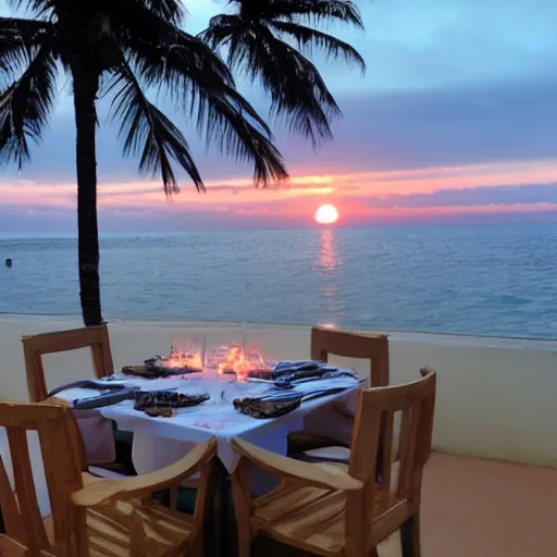 Prompt: beautiful supper in sea view sunset