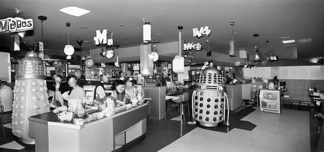 Prompt: daleks inside a vintage McDonalds working at the counter, hamburgers and soda, happy family, kodak Ektachrome 10, 35mm