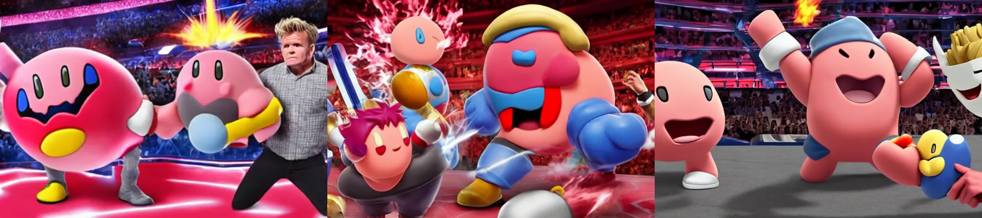 Prompt: photograph of a realistic 3d kirby fighting Gordon Ramsay at Wrestlemania 2022