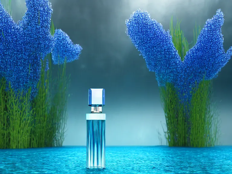 Image similar to perfume bottle standing in a glittering oasis in deep blue pond water surrounded blue flowers by zaha hadid ; octane highly render, 4 k, ultra hd, 2 0 0 mm, mute dramatic colours, soft blur outdoor stormy sea background, volumetric lighting