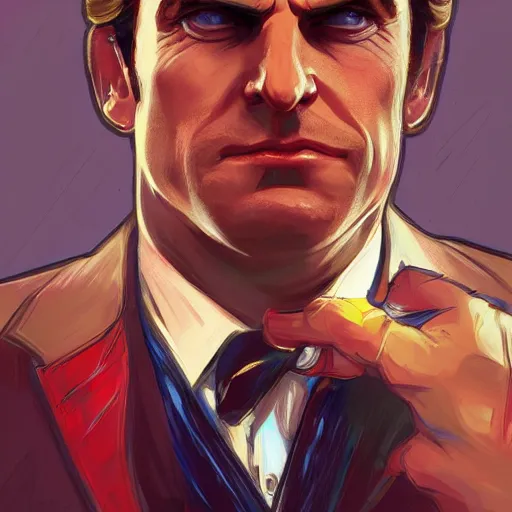 Image similar to [Flamboyant Macron as GTA character, propaganda, closeup, D&D, intricate, elegant, highly detailed, digital painting, artstation, concept art, matte, sharp focus, illustration, art by Artgerm and Greg Rutkowski and Alphonse Mucha]