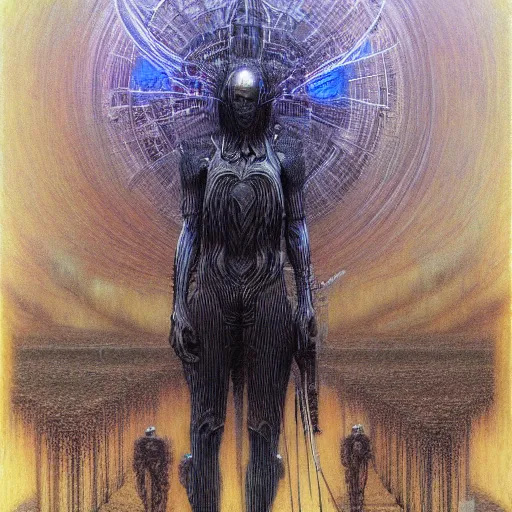 Image similar to cyberpunk dreaming in a a gigeresque world by jean delville by luis royo and wayne barlowe, beksinski