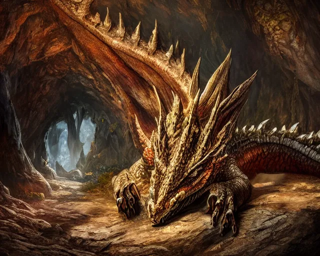 Prompt: Giant Dragon resting in a cave, natural light, dead plants and flowers, elegant, intricate, fantasy, atmospheric lighting, by Peter Morhbacher, HD, highly detailed, 8k