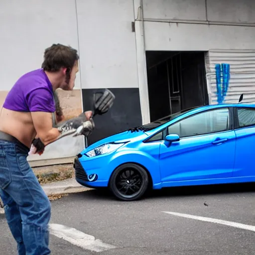 Image similar to crackhead destroying a blue 2013 ford fiesta