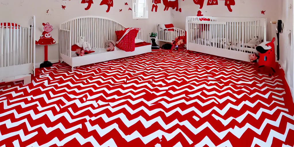 Image similar to peppa pig and pumbaa in the red room from twin peaks. black and white zig zag floor, strange