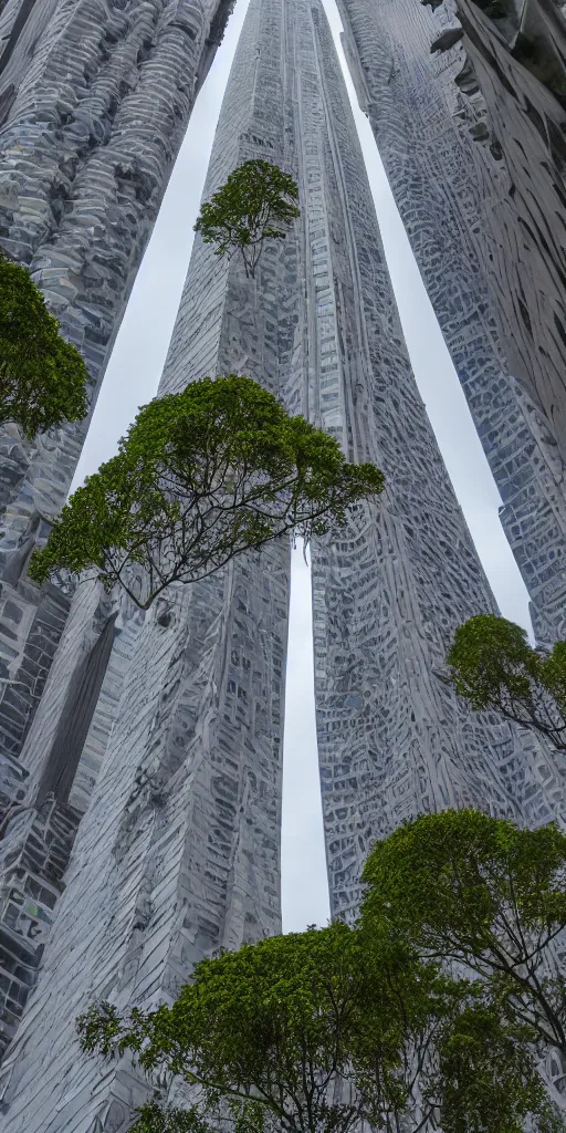 Prompt: tall and slender concrete towers emerge out of the ground. Moss and ferns grow from heavily eroded crevices in the towers. The towers are clustered very close together and stand straight and tall. The office towers have 100 floors and many glass windows. Verticals stay vertical. 2-point perspective.