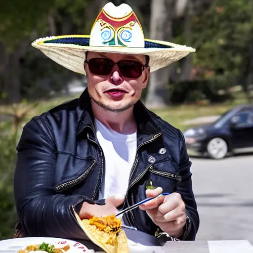 Prompt: Elon Musk wearing a mexican sombrero while eating a taco