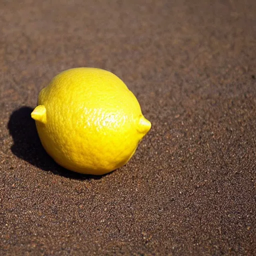 Image similar to a lemon in shape of a human with legs of lemons and round body, arms of lemons, on a beach, very realistic, high quality, volumetric light