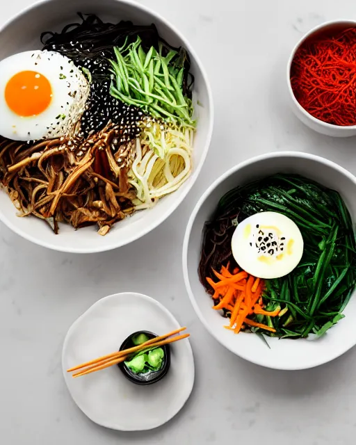 Image similar to realistic photo of delicious bimbimbap, bowl, white kitchen table, marble, highly detailed, by louise lister, sara ali, mary devinat, kailee mandel, masterpiece, award winning, food photography