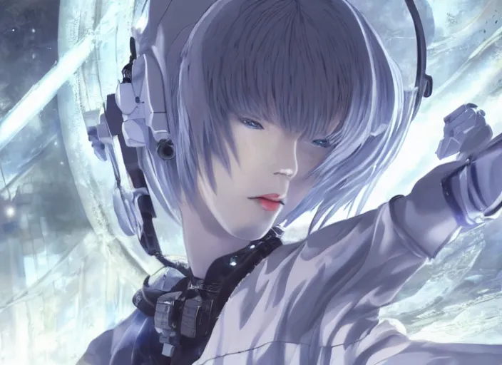 Image similar to This is a digital art piece by Yoshiyuki Sadamoto that is trending on artstation. It is a 8K UHD image of Rei Ayanami, a female anime character, inside a space station with technological rings. She is shot from the ground by Yoshiyuki Sadamoto. The environment is a concept design and the art is hyper realistic with intricate details.