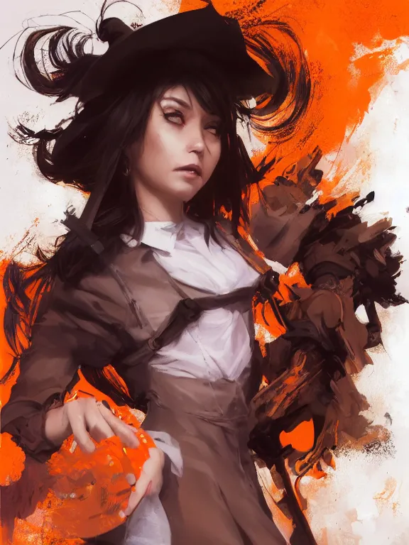 Image similar to Full shot of a mischievous young witch about to get up to some trouble. Latin American fashion. Black and Orange palette. Latina girl. brown skin. Symmetrical facial features. By Ruan Jia and Artgerm and Range Murata and WLOP. Key Art. Fantasy Illustration. award winning, Artstation, intricate details, realistic, Hyperdetailed, 8k resolution.