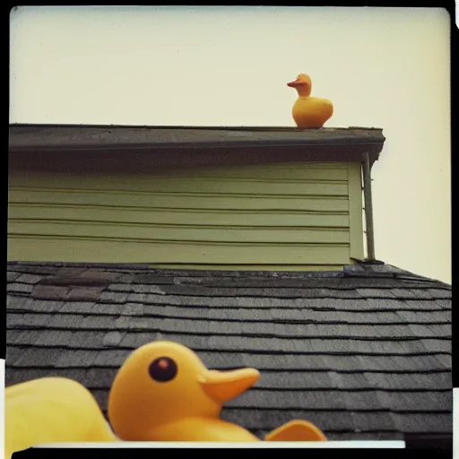 Prompt: a very beautiful picture of a giant rubber duck on the roof of an house, polaroid