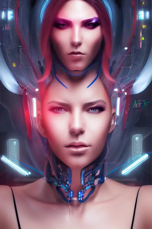 Image similar to portrait of a cyberpunk V1 woman with biomechanichal parts by Artgerm, 35mm focal length, hyper detailled, 4K