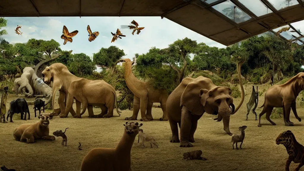 Prompt: a zoo full of animals made of glass, film still from the movie directed by Denis Villeneuve with art direction by Salvador Dalí, wide lens