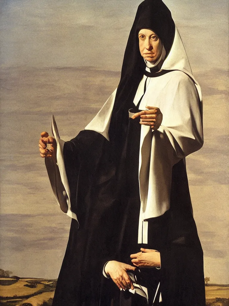 Prompt: a very detailed oil painting of the nun sainte claire wearing clarise habit, beautiful landscape background, half body, by caravaggio