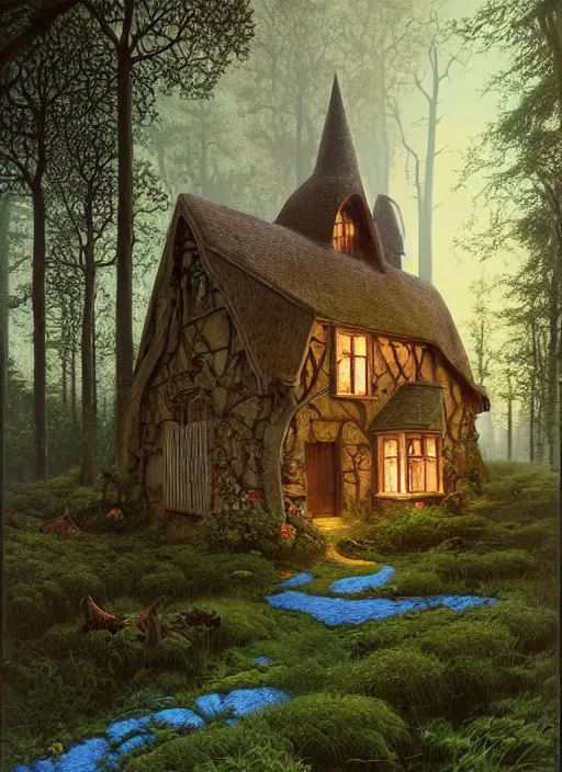 Image similar to hyper realistic homely ornate modern witch cottage distant down a path in the woods gorgeous lighting, blue sky, highly detailed, lush forest by zdzisław beksinski and norman rockwell and greg rutkowskiweta studio, and lucasfilm