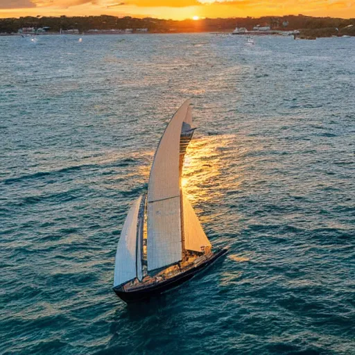 Image similar to the sydney operah house as a giant sailboat in the ocean with a beautiful sunset