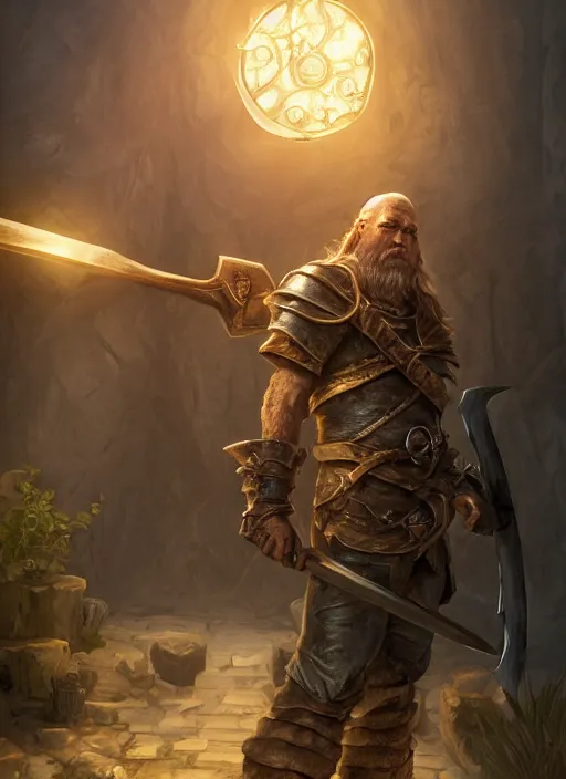 Prompt: blacksmith with hammer ultra detailed fantasy, elden ring, realistic, dnd character portrait, full body, dnd, rpg, lotr game design fanart by concept art, behance hd, artstation, deviantart, global illumination radiating a glowing aura global illumination ray tracing hdr render in unreal engine 5