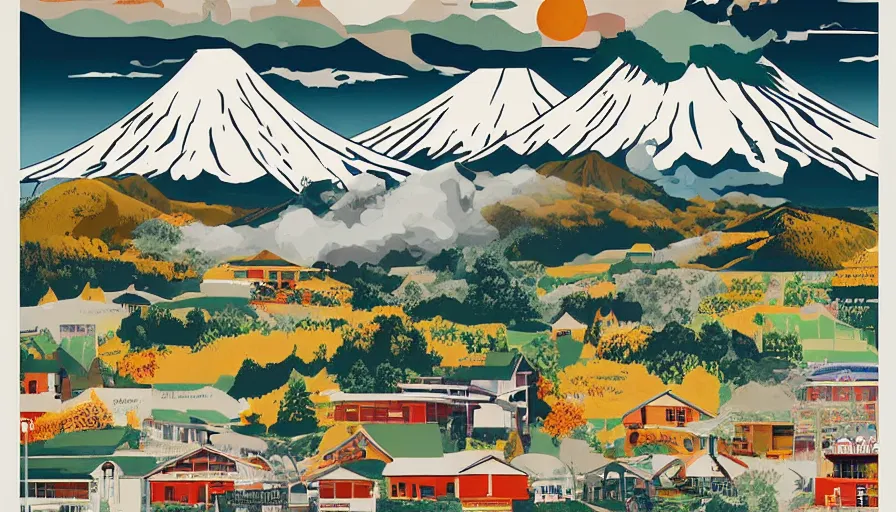 Image similar to award winning graphic design poster, cutouts constructing an contemporary art depicting a lone mount fuji and hills, rural splendor, and bullet train, isolated on white, and bountiful crafts, local foods, edgy and eccentric mixed media painting by Leslie David for juxtapose magazine