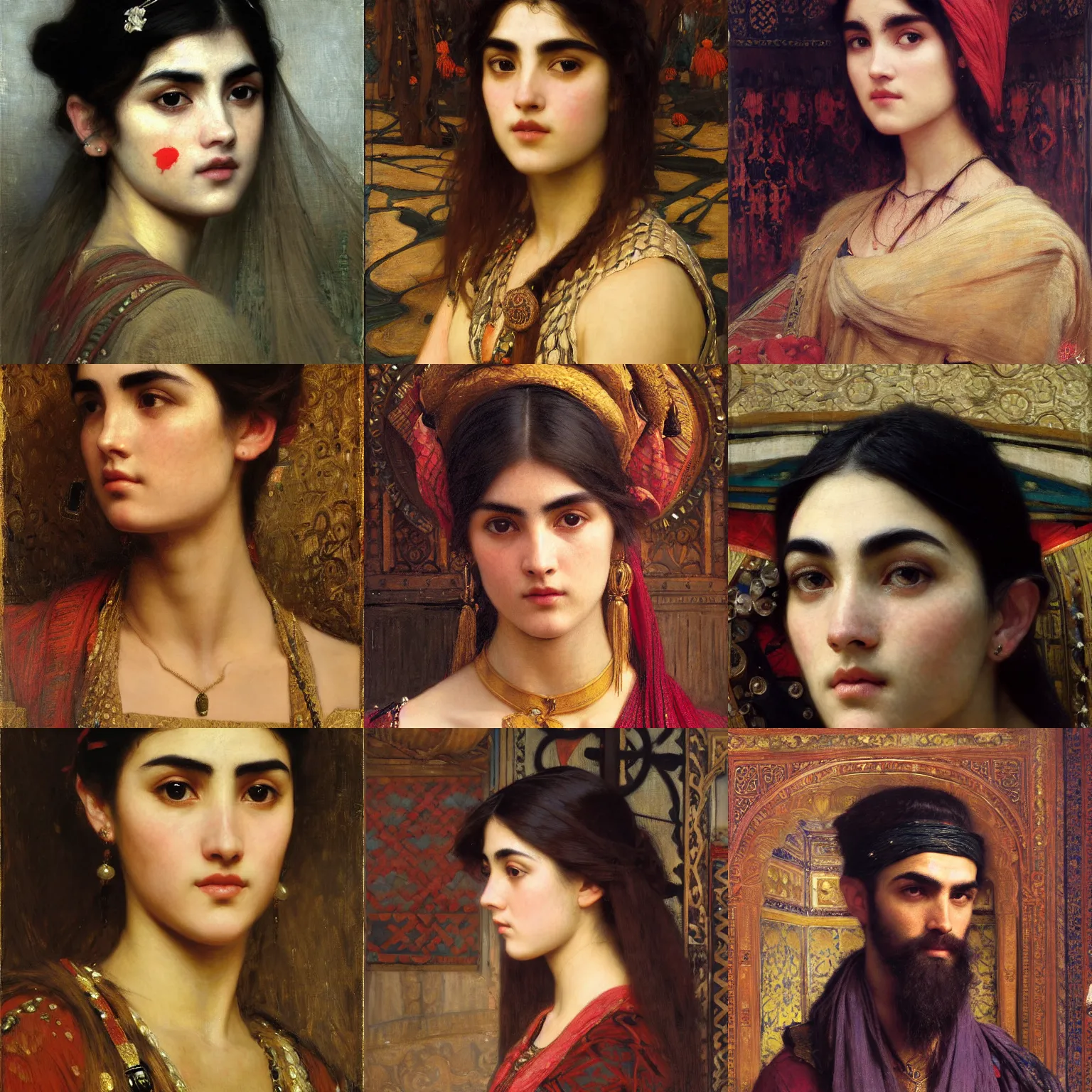 Prompt: bushy eyebrows orientalist intricate portrait by john william waterhouse and Edwin Longsden Long and Theodore Ralli and Nasreddine Dinet, oil on canvas. Cinematic, hyper realism, dramatic lighting, high detail 8k