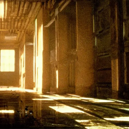 Image similar to an ominous lunatic insane asylum. still from blade runner