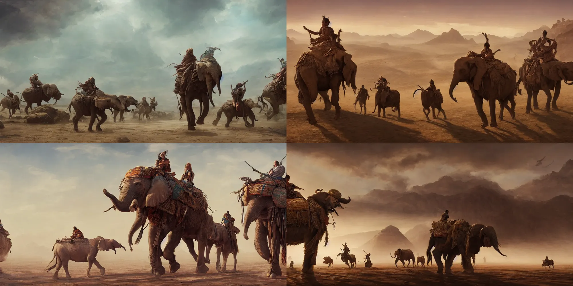 Prompt: A beautiful painting of nomads riding on elephants through the desert, seen from far away, silk road, desert tribe, wandering, concept art, cinematic composition, extremely detailed, Greg Rutkowski, Marc Simonetti, Sergey Vasnev, artstation, 8k, high resolution