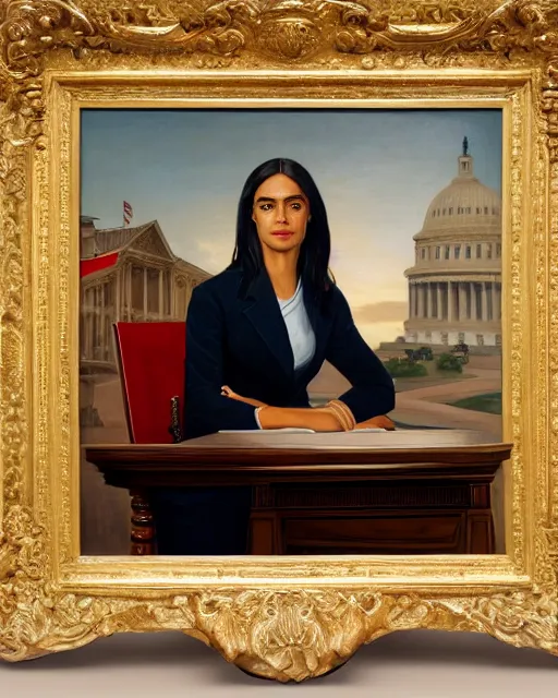 Image similar to official close - up portrait of the united states president, alexandria ocasio - cortez, resolute desk, 1 8 4 8, oil on canvas by william sidney mount, trending on artstation, national archives