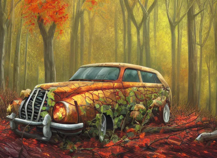 Image similar to A painting of an overgrown car in a forest, vines coming down from the tall trees, autumn, rocky ground, digital art, trending on Artstation, immaculate scale, amazing composition, cartoon illustration