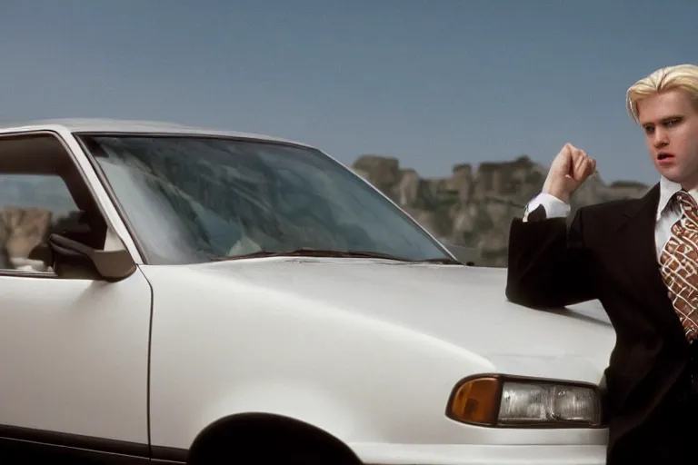 Image similar to cinematic still of portly clean-shaven white man wearing suit and necktie and curly blonde blonde blonde hair as car salesman in 1994 film, XF IQ4, f/1.4, ISO 200, 1/160s, 8K, RAW, dramatic lighting, symmetrical balance, in-frame