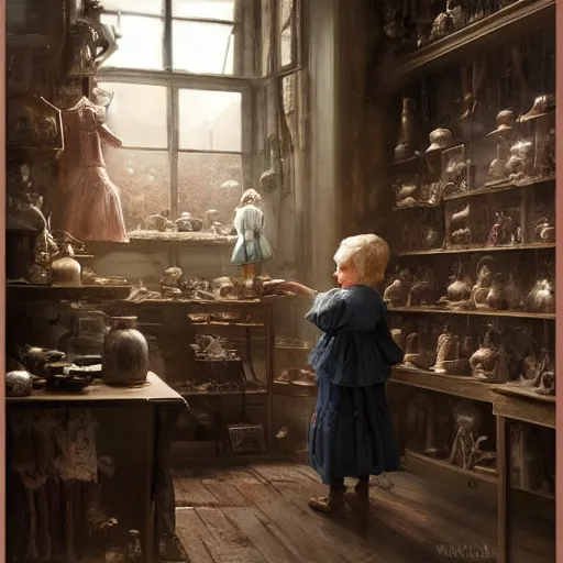 Prompt: human child standing in a victorian doll maker's shop looking at all of the dolls, high detail, digital art, painted by greg rutkowski, painted by seb mckinnon, trending on artstation