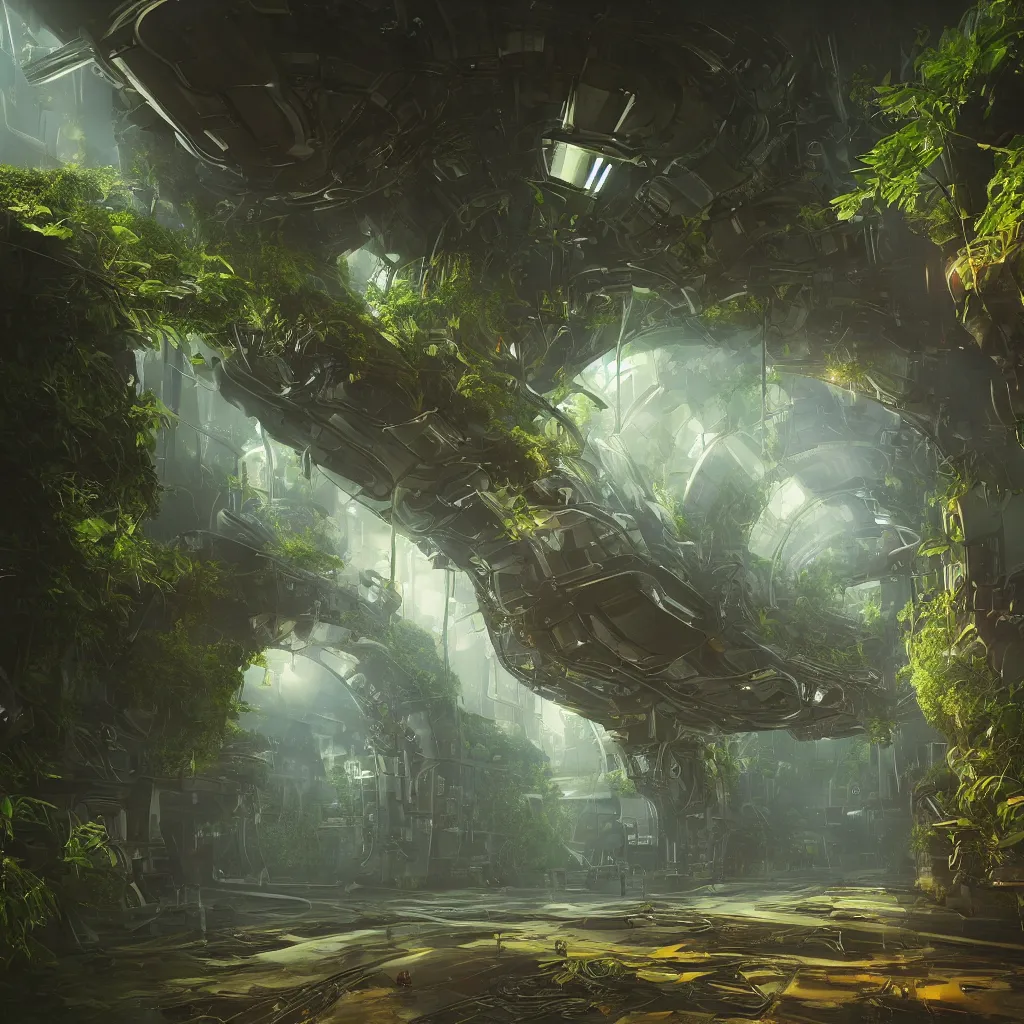 Prompt: science fiction spaceship corridor colorful alien strange plants vegetation infestation, gloomy unreal engine, cinematic lighting