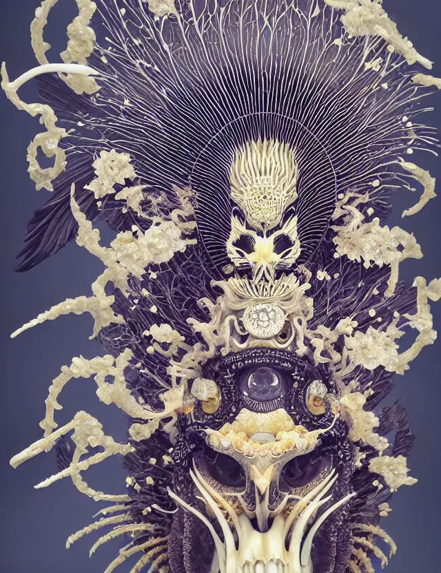 Image similar to goddess macro close - up portrait wigh crown made of ram skull. beautiful intricately detailed japanese crow kitsune mask and clasical japanese kimono. betta fish, jellyfish phoenix, bioluminiscent, plasma, ice, water, wind, creature, artwork by tooth wu and wlop and beeple and greg rutkowski