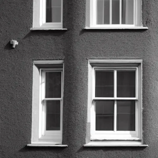 Image similar to single triangular or round sash window on a british wall, surprised and perplexed builders standing in front of it