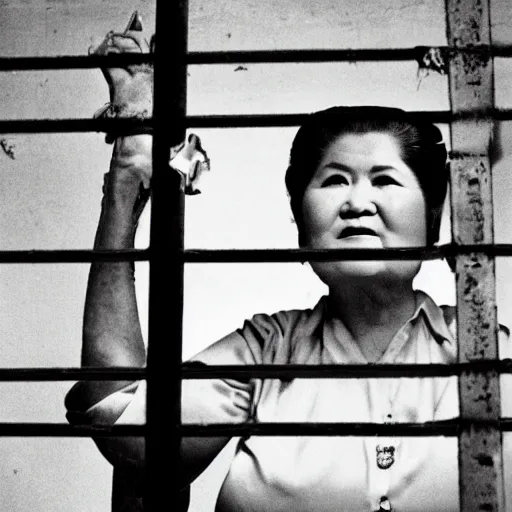 Image similar to imelda marcos in jail, behind bars, wearing an orange jumpsuit, dirty jail cell, award winning photograph by steve mccurry